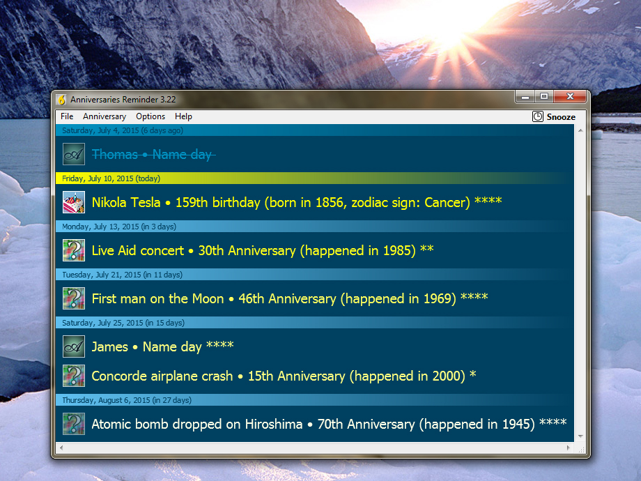 Screenshot of Anniversaries Reminder